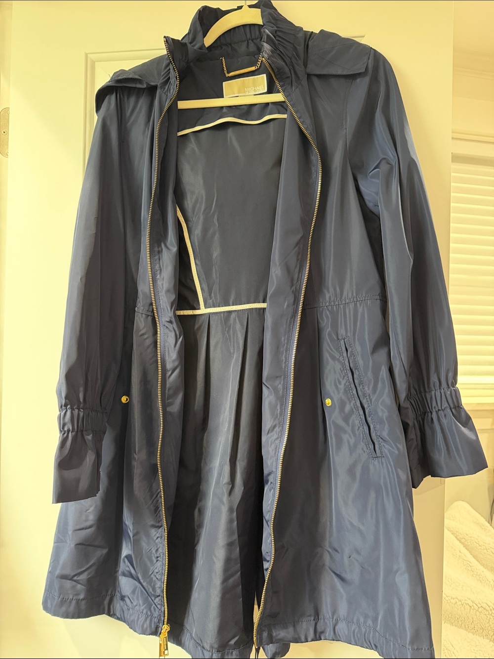 Michael Kors Navy Hooded Trench Coat with Gold Trim